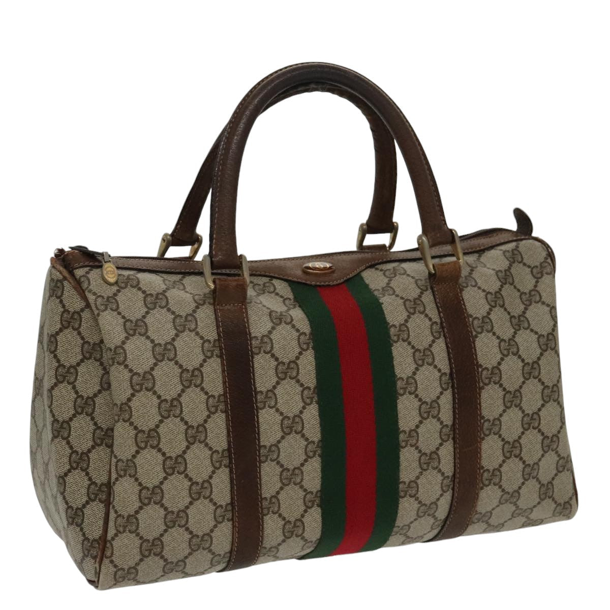 GUCCI GG Supreme Web Sherry Line Boston Bag PVC Beige Red 010 378 95820