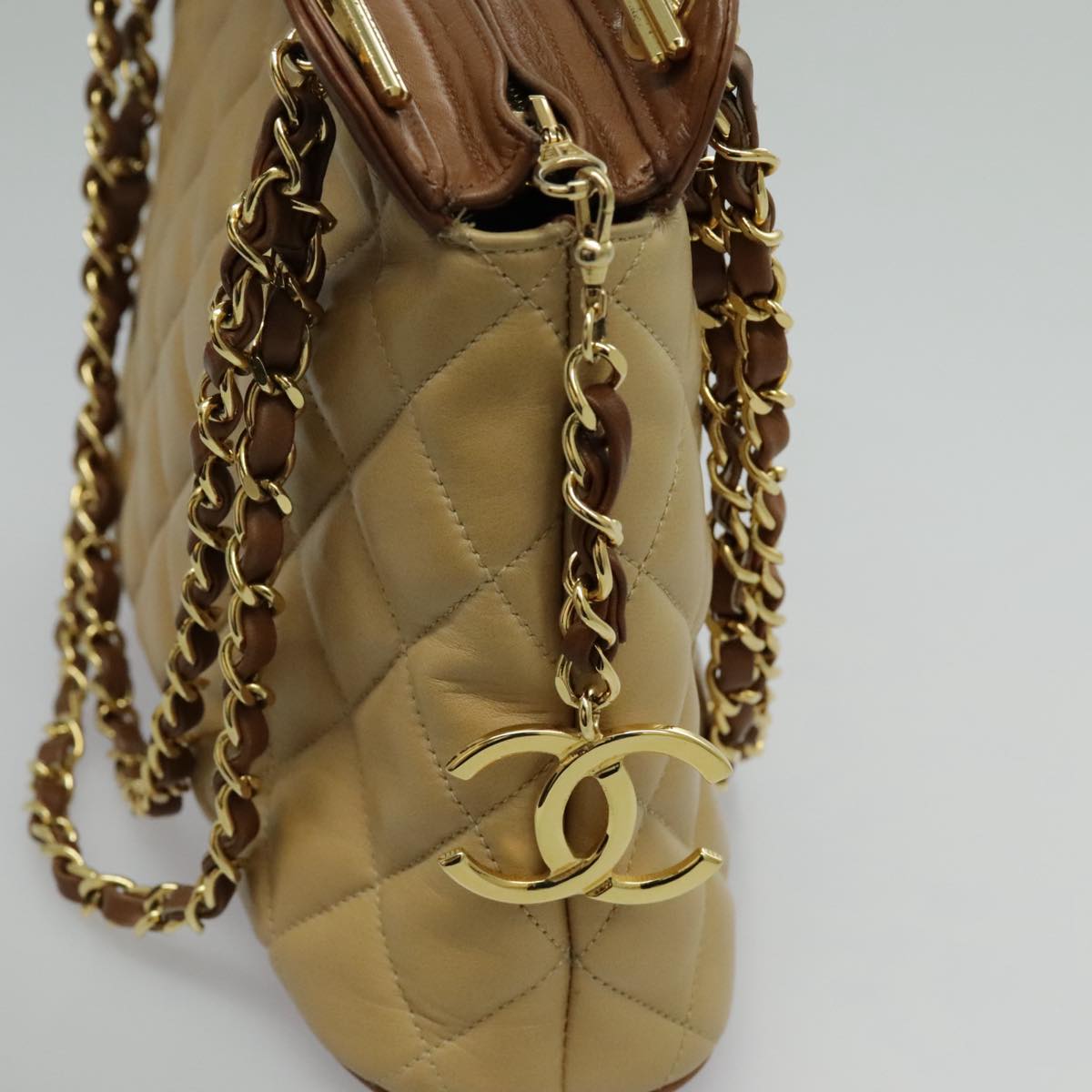 CHANEL Chain Shoulder Bag Lamb Skin Beige Gold CC 95932