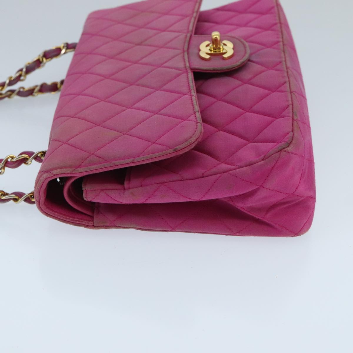 CHANEL Matelasse Chain Shoulder Bag Satin Gold Pink CC 96601