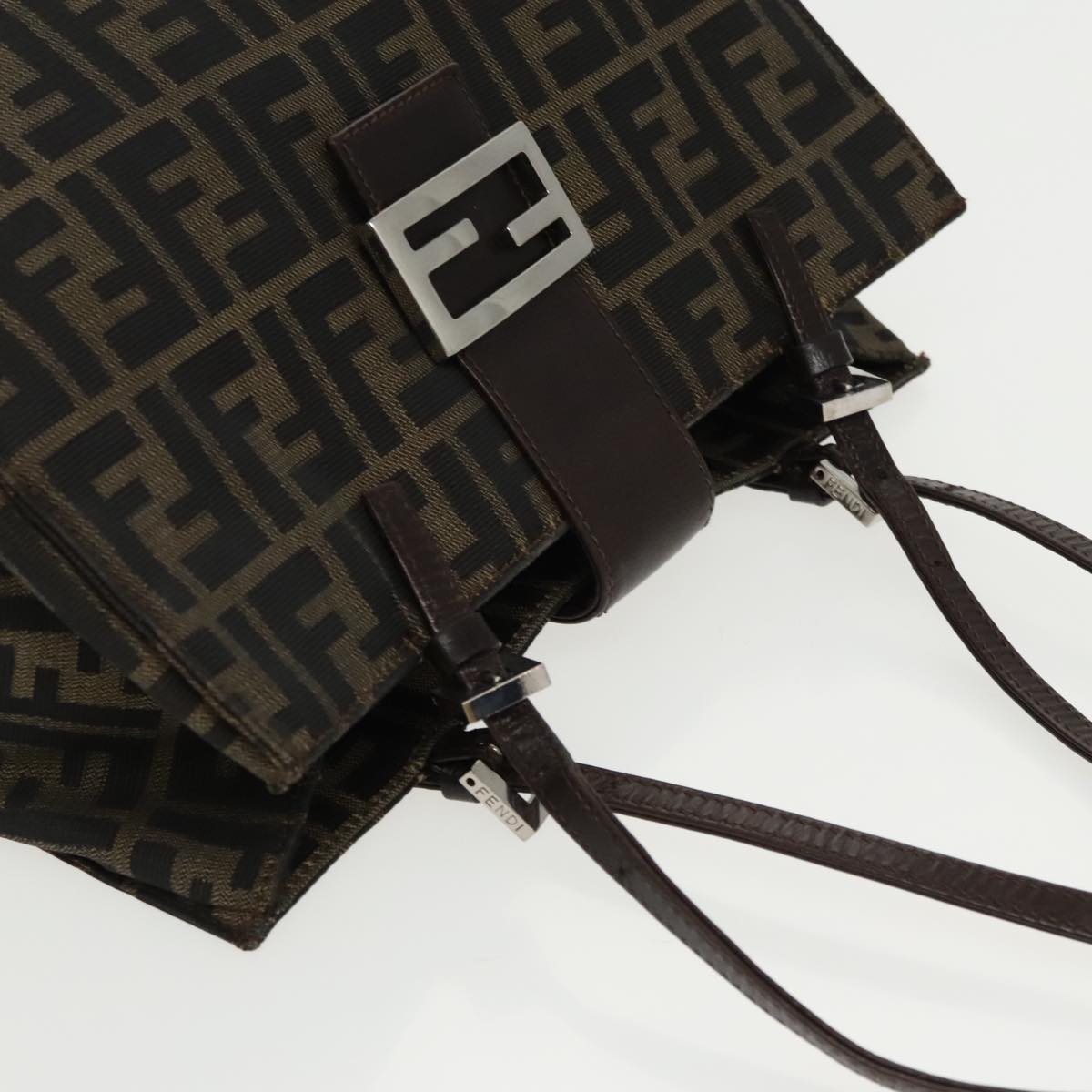 FENDI Zucca Canvas Mamma Baguette Shoulder Bag Black Brown Silver 96636