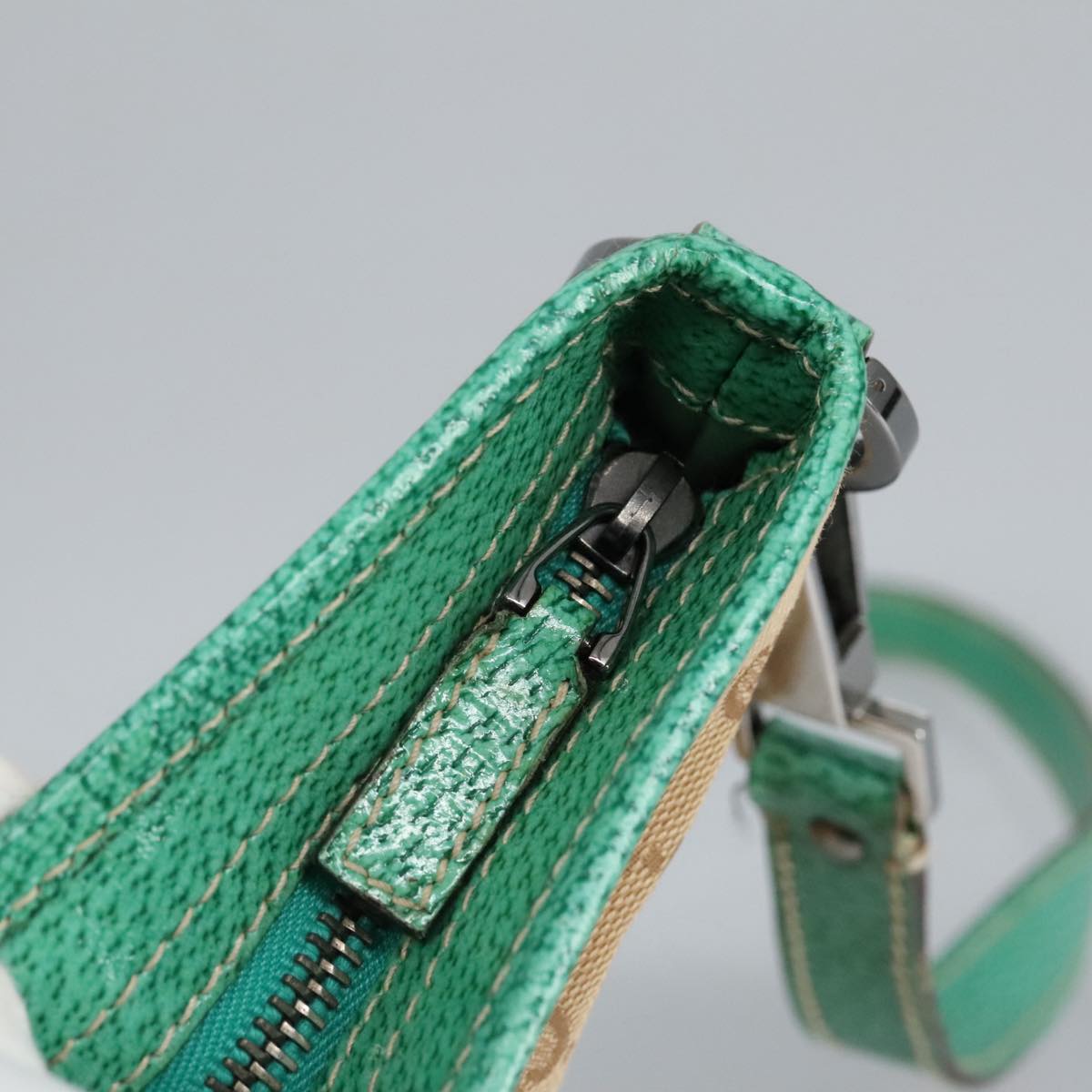 GUCCI GG Canvas Shoulder Bag Beige Silver Green 113013 96980
