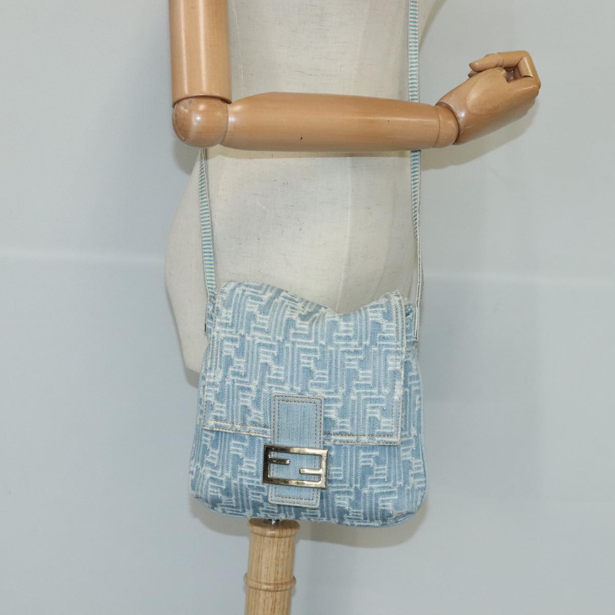 FENDI Zucca Canvas Shoulder Bag Denim Blue Gold 97001