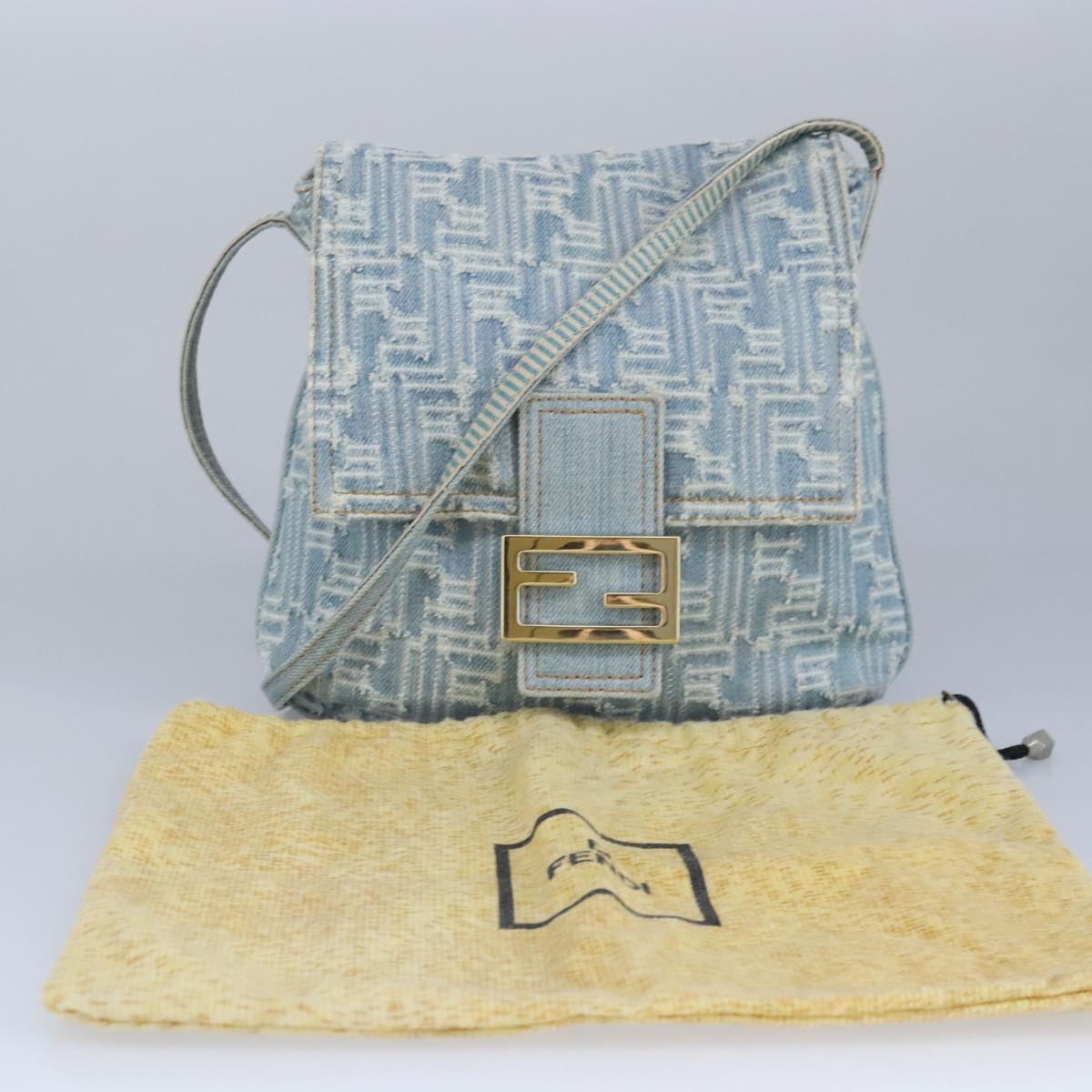 FENDI Zucca Canvas Shoulder Bag Denim Blue Gold 97001