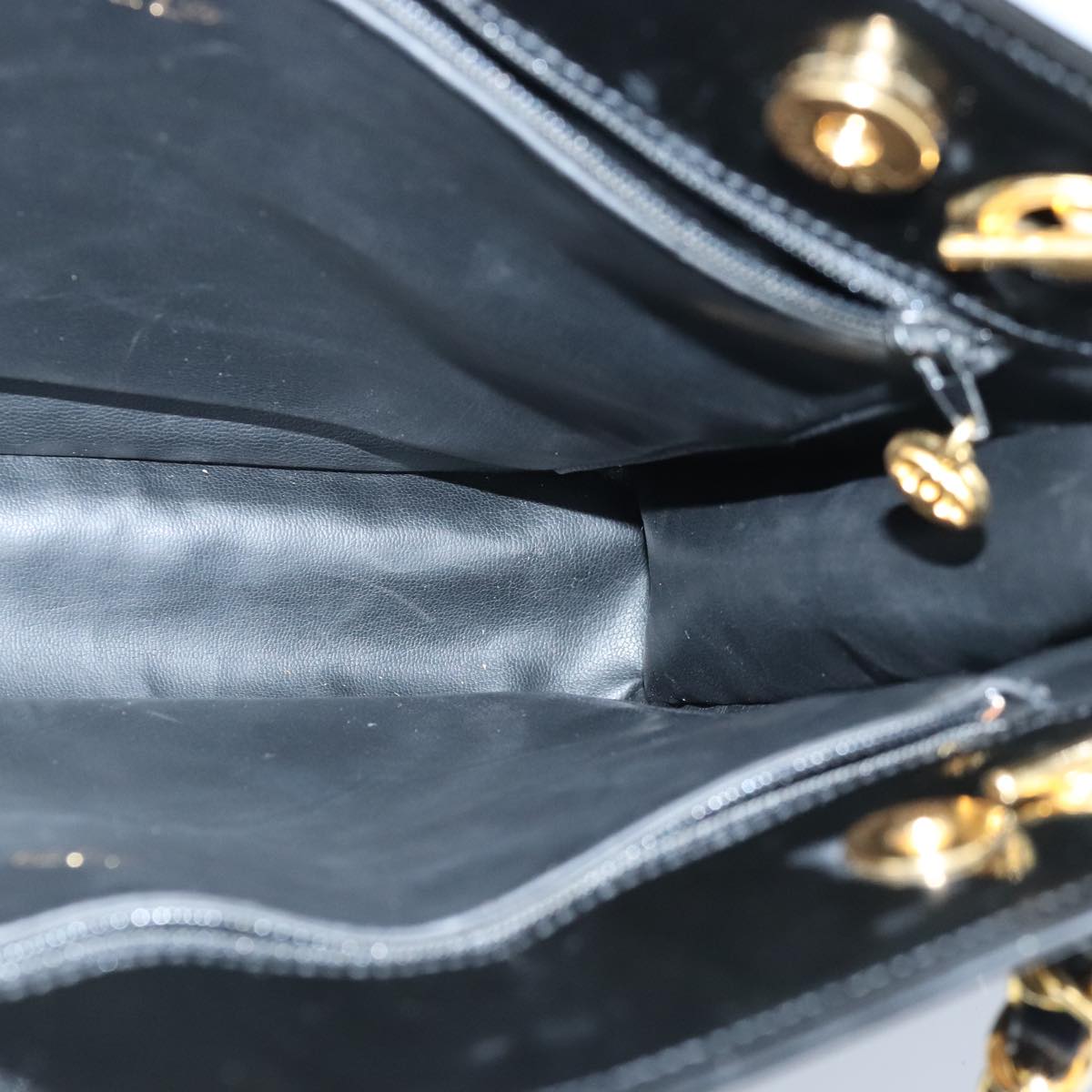 CHANEL Chain Tote Bag Patent leather Black Gold CC 97057