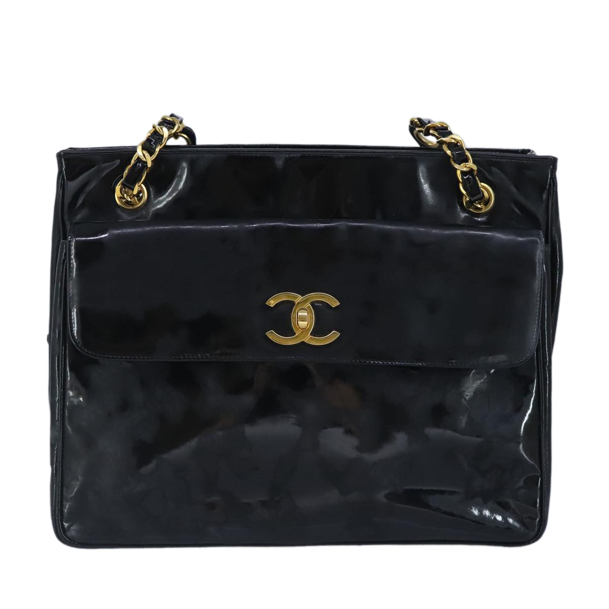 CHANEL Chain Tote Bag Patent leather Black Gold CC 97057