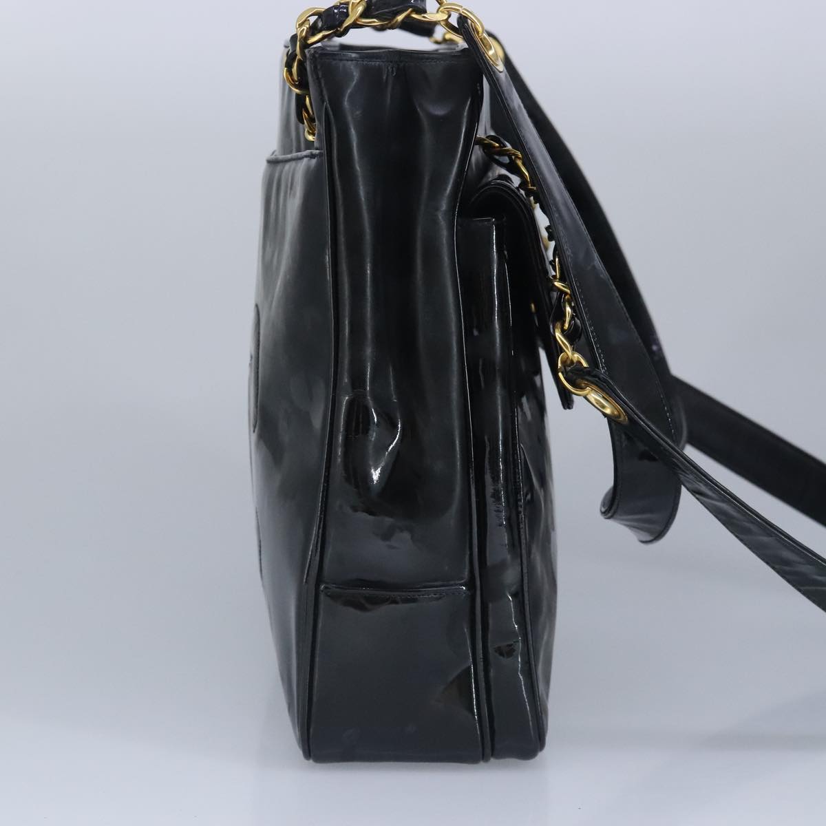CHANEL Chain Tote Bag Patent leather Black Gold CC 97057