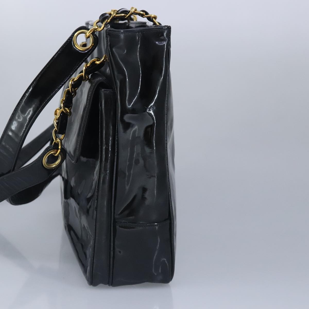 CHANEL Chain Tote Bag Patent leather Black Gold CC 97057