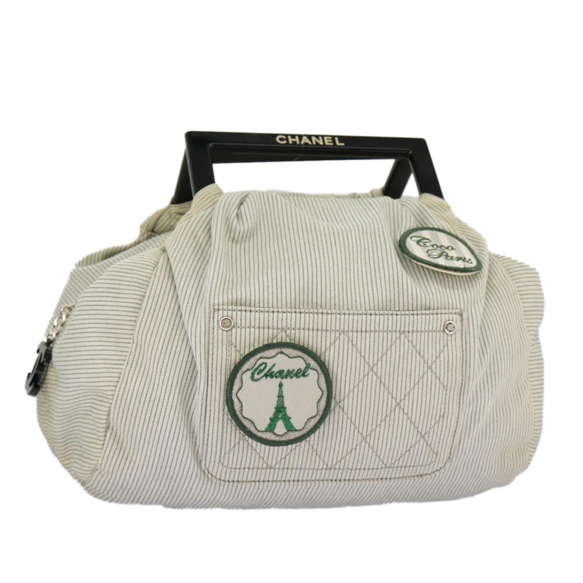 CHANEL Hand Bag Canvas Green Silver CC 97061