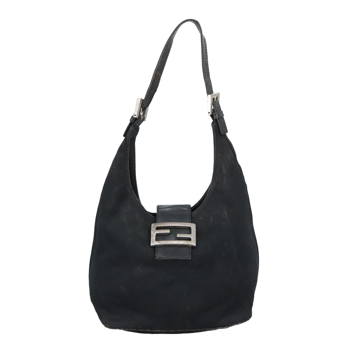 FENDI Mamma Baguette Shoulder Bag Nylon Leather Black Silver 97412