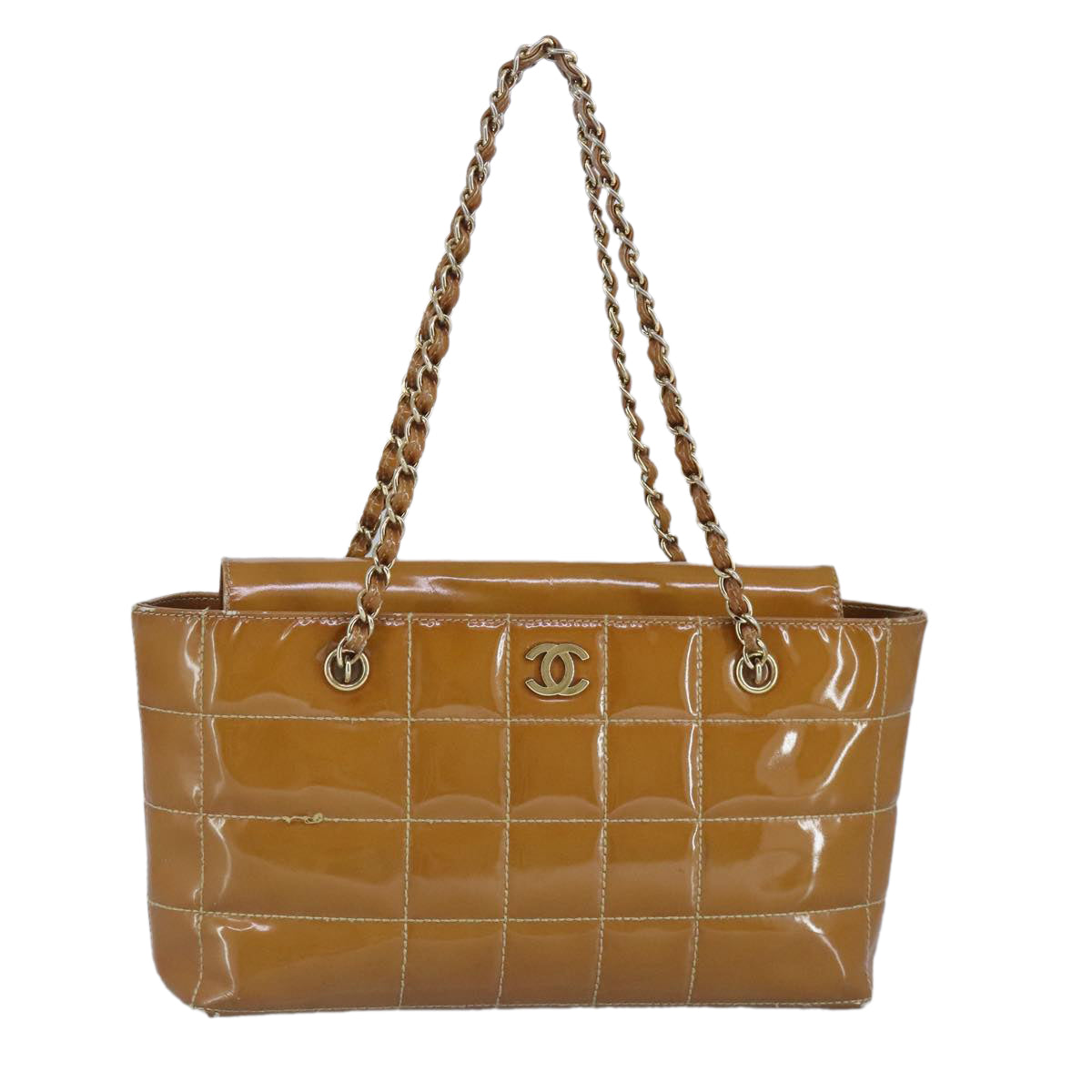 CHANEL Choco Bar Chain Shoulder Bag Patent leather Gold Beige CC 97452