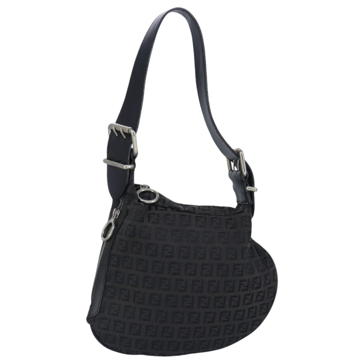 FENDI Zucchino Canvas Shoulder Bag Black Silver 97617