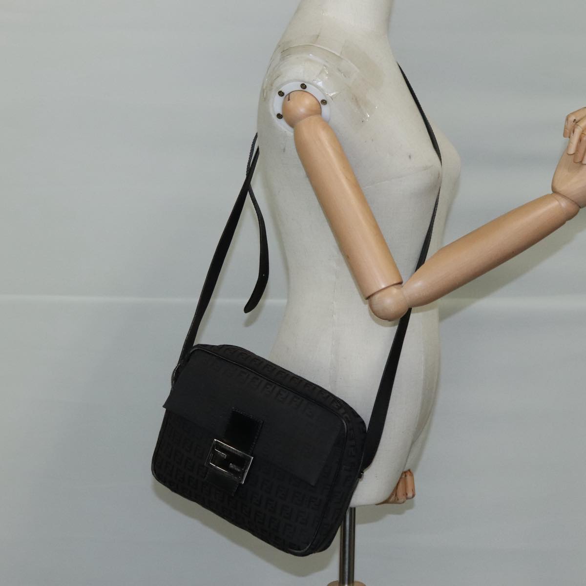 FENDI Zucchino Canvas Shoulder Bag Black 97778