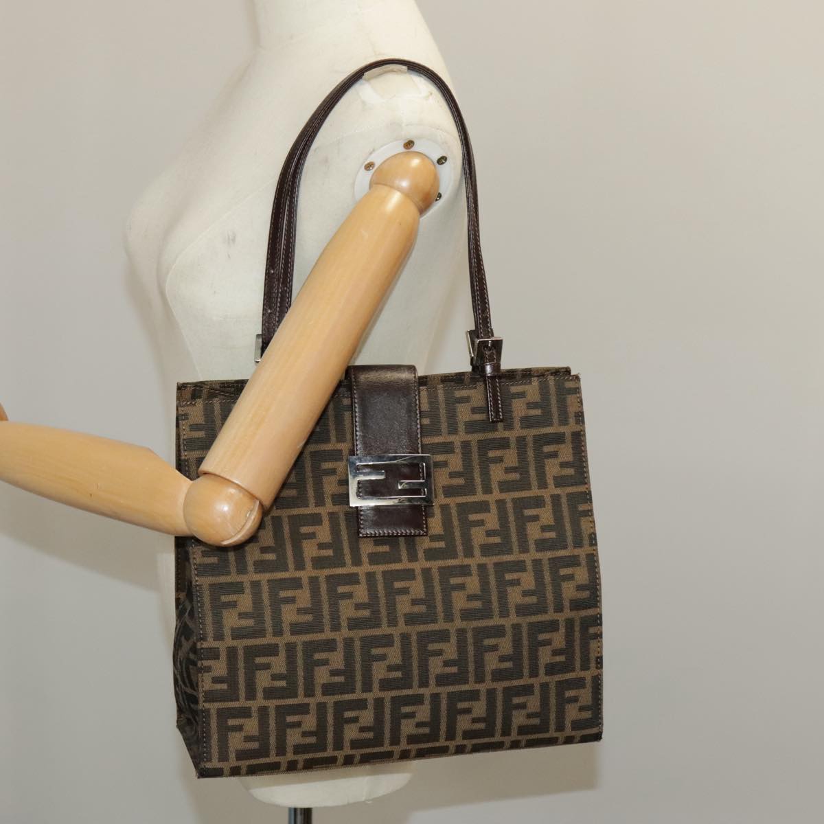 FENDI Zucca Canvas Tote Bag Brown Black Silver 97934