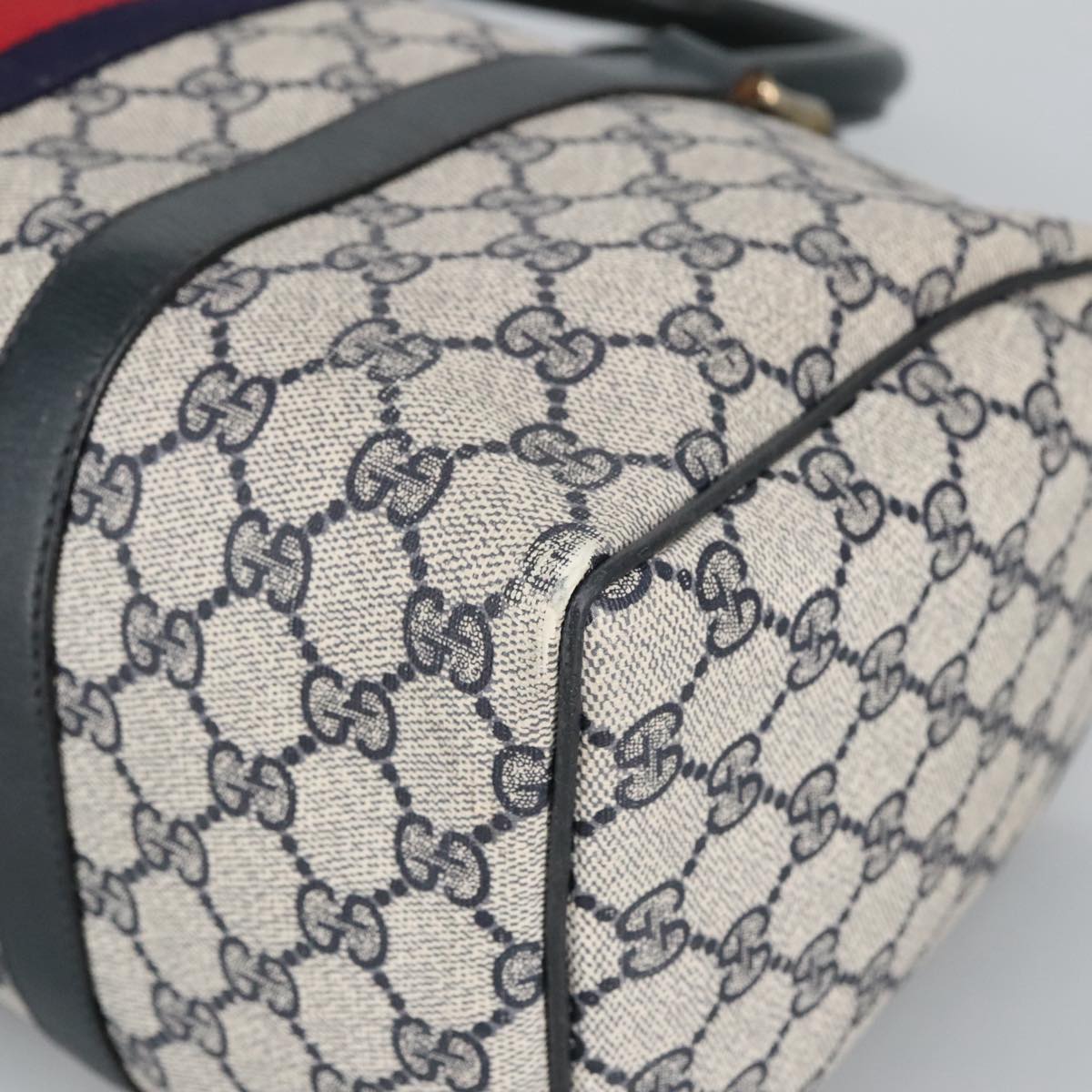 GUCCI GG Supreme Sherry Line Hand Bag PVC Navy Gold Red 010 378 98072