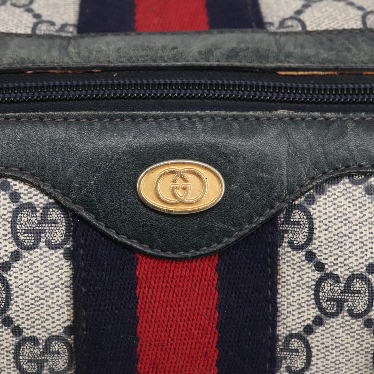 GUCCI GG Supreme Sherry Line Hand Bag PVC Navy Gold Red 010 378 98072