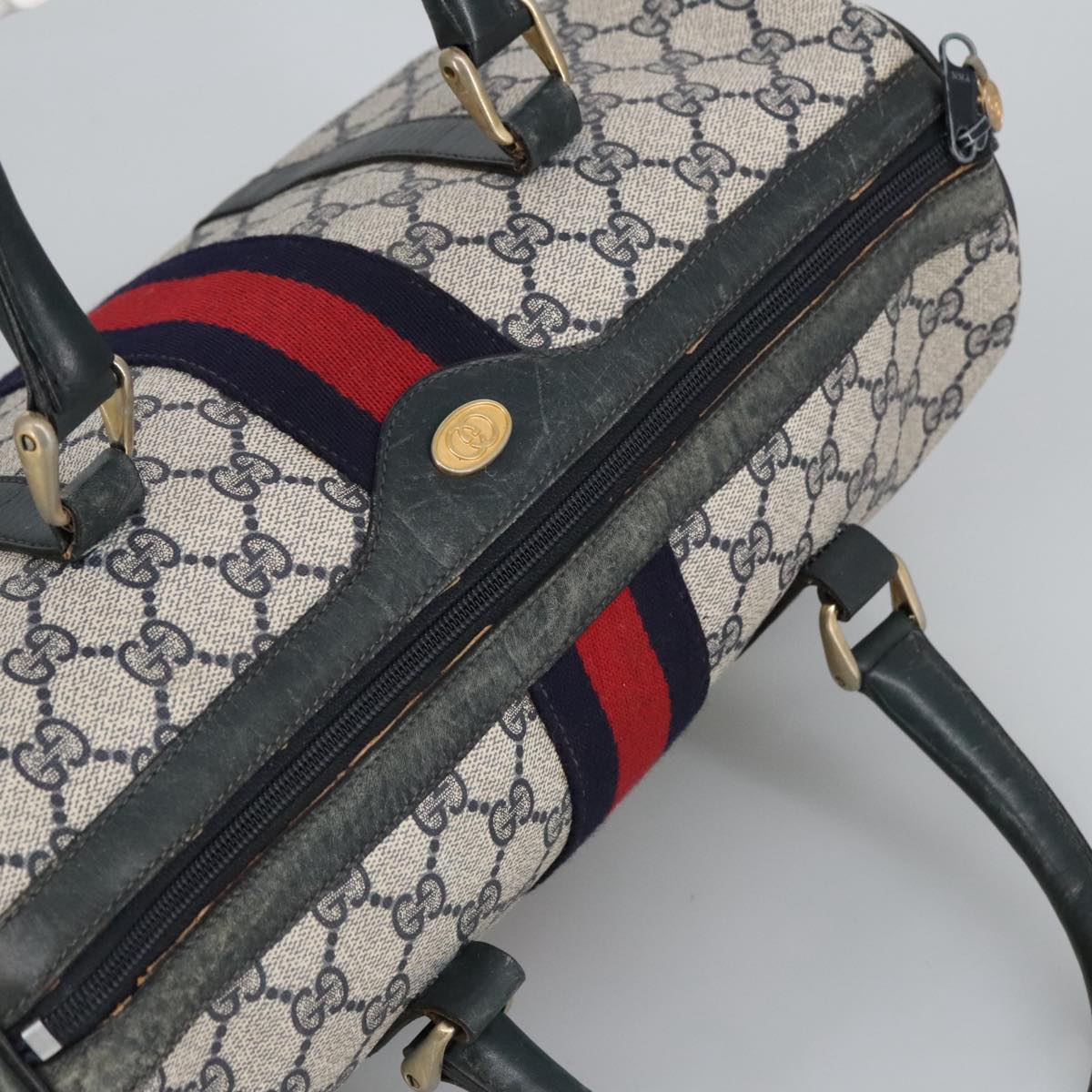 GUCCI GG Supreme Sherry Line Hand Bag PVC Navy Gold Red 010 378 98072