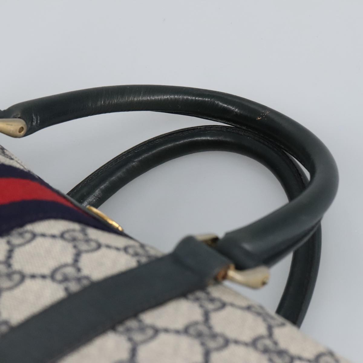 GUCCI GG Supreme Sherry Line Hand Bag PVC Navy Gold Red 010 378 98072