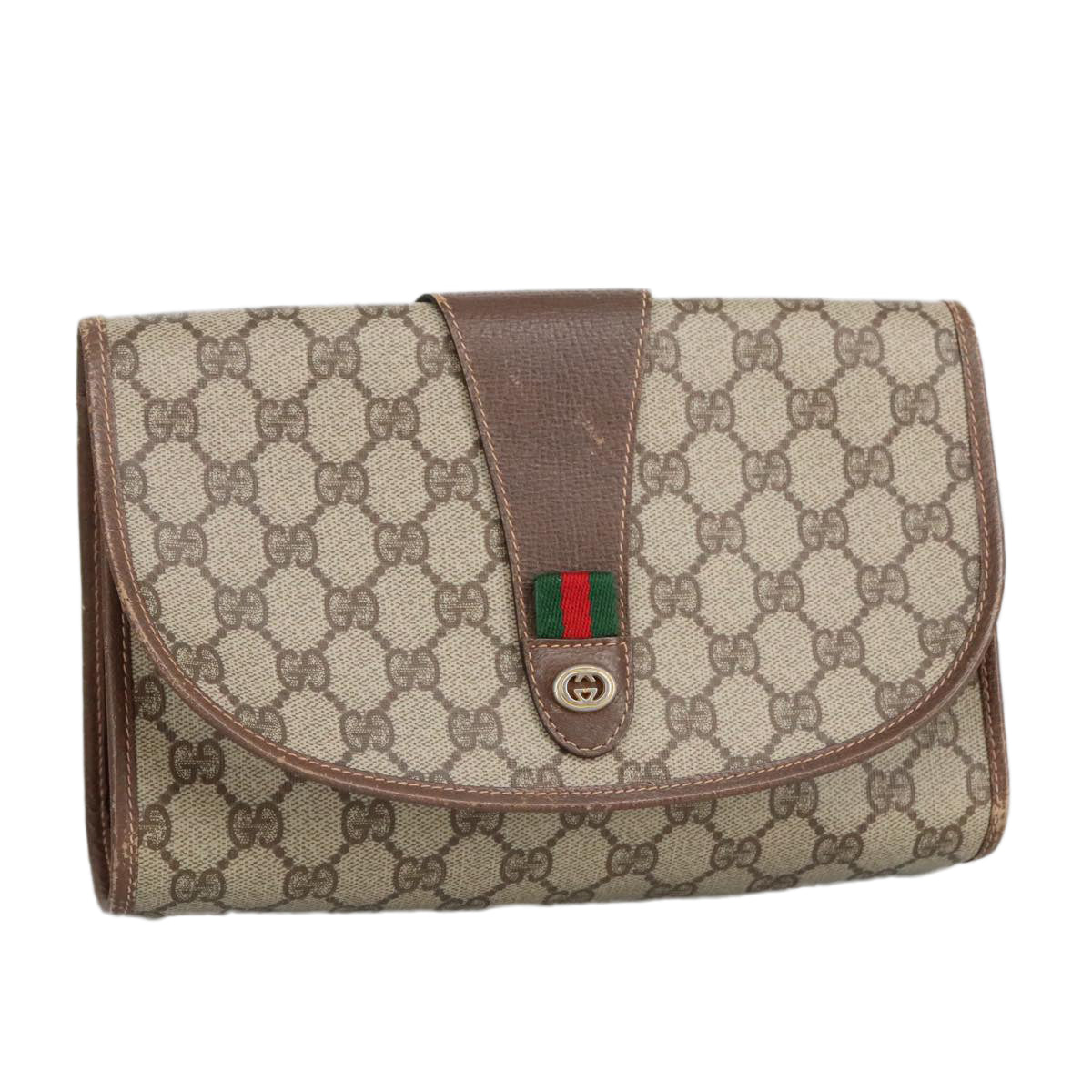 GUCCI GG Supreme Web Sherry Line Clutch Bag PVC Beige Red 156 01 030 98079
