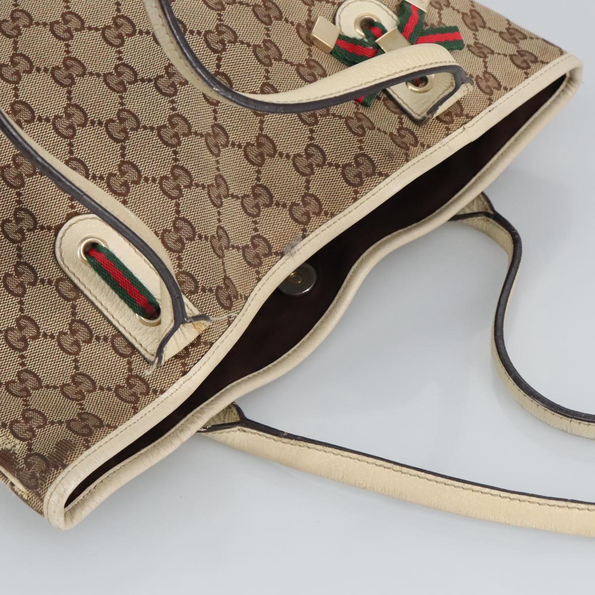 GUCCI GG Canvas Web Sherry Line Tote Bag Beige Gold Red 181779 98094