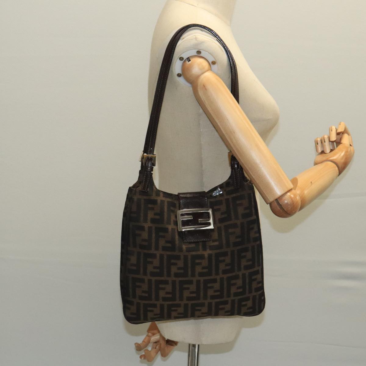 FENDI Zucca Canvas Mamma Baguette Shoulder Bag Brown Black Silver 98344