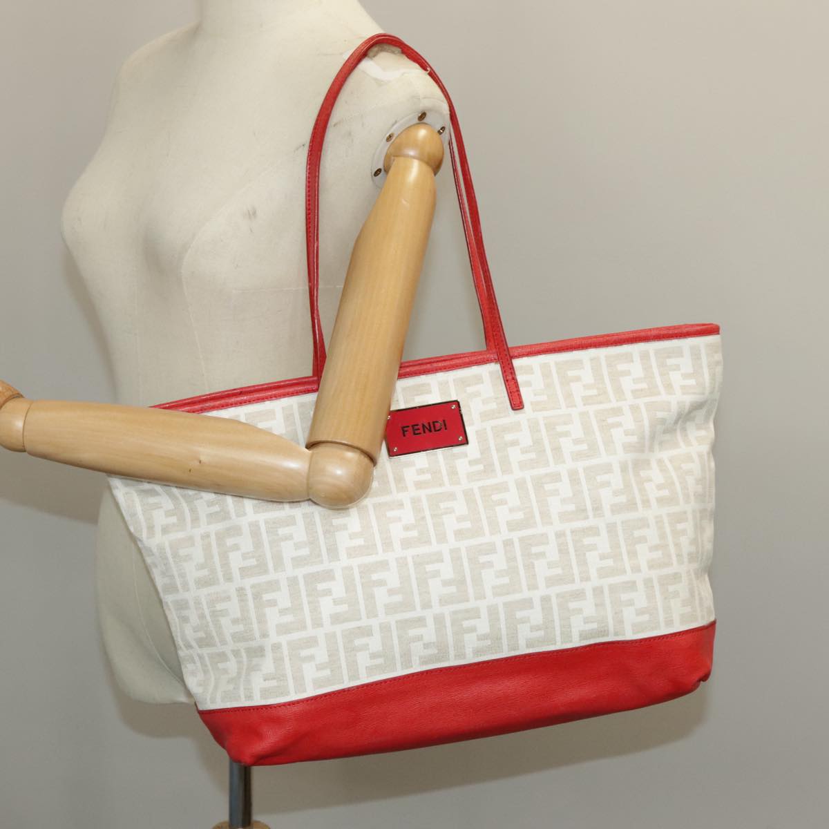 FENDI Zucca Canvas Tote Bag White Red 98476