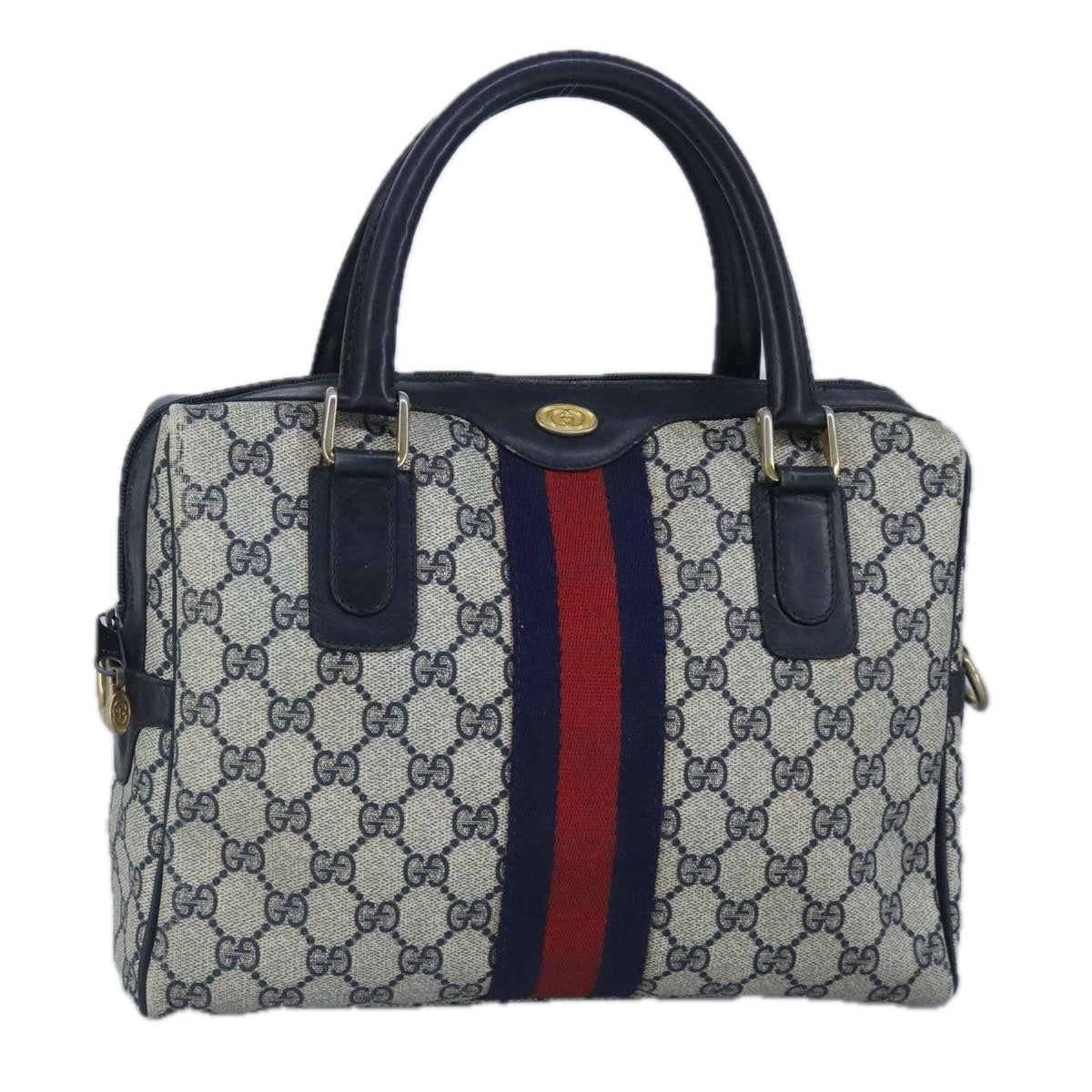 GUCCI GG Supreme Sherry Line Hand Bag PVC Navy Gold Red 010 378 98484
