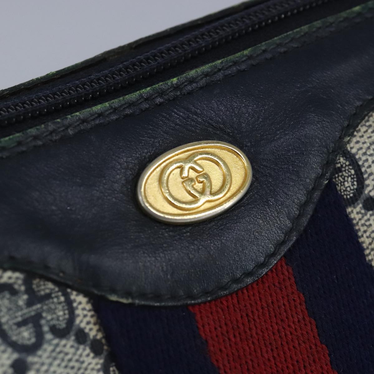 GUCCI GG Supreme Sherry Line Hand Bag PVC Navy Gold Red 010 378 98484