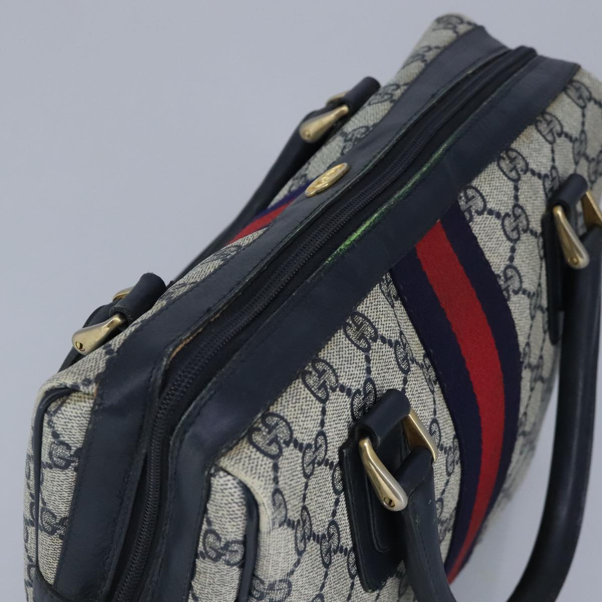 GUCCI GG Supreme Sherry Line Hand Bag PVC Navy Gold Red 010 378 98484