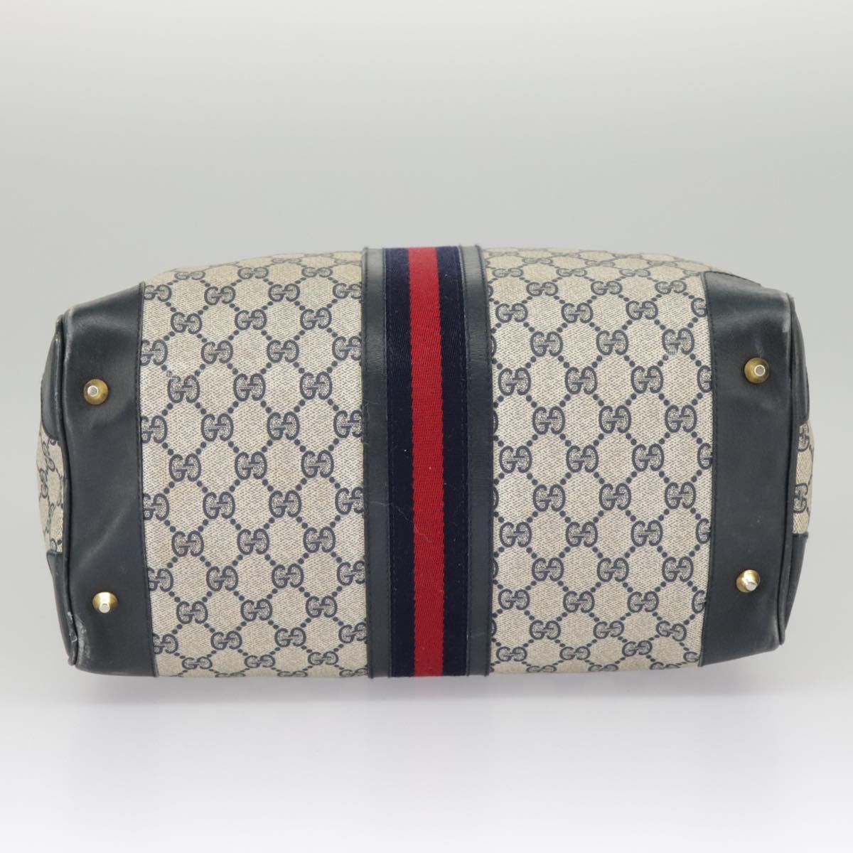 GUCCI GG Supreme Sherry Line Hand Bag PVC Navy Gold Red 98485