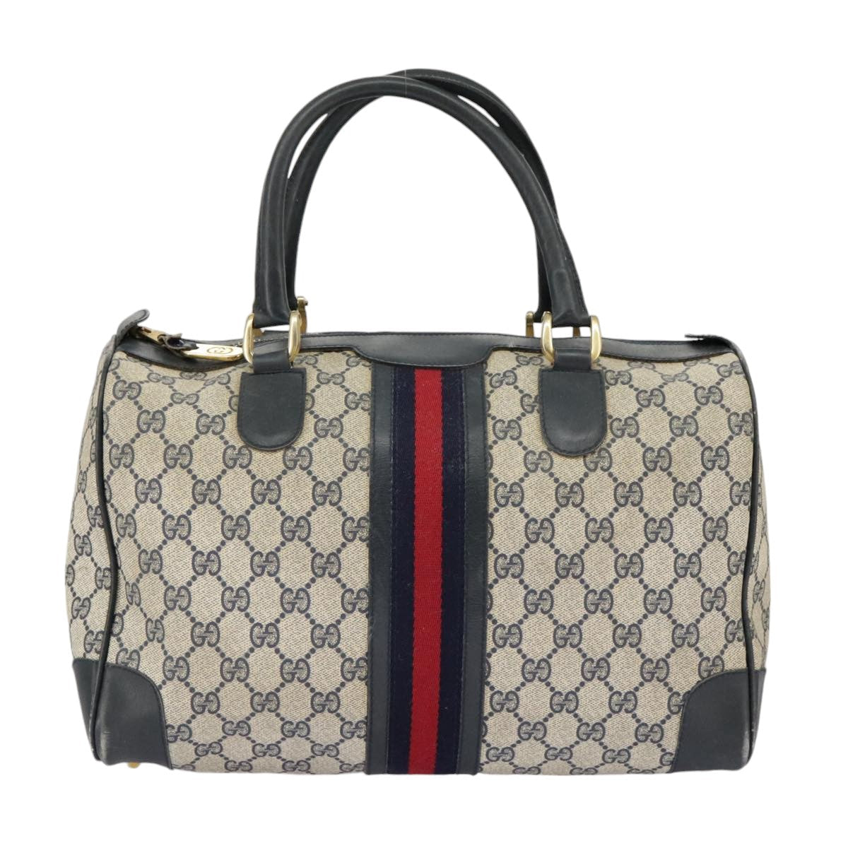 GUCCI GG Supreme Sherry Line Hand Bag PVC Navy Gold Red 98485