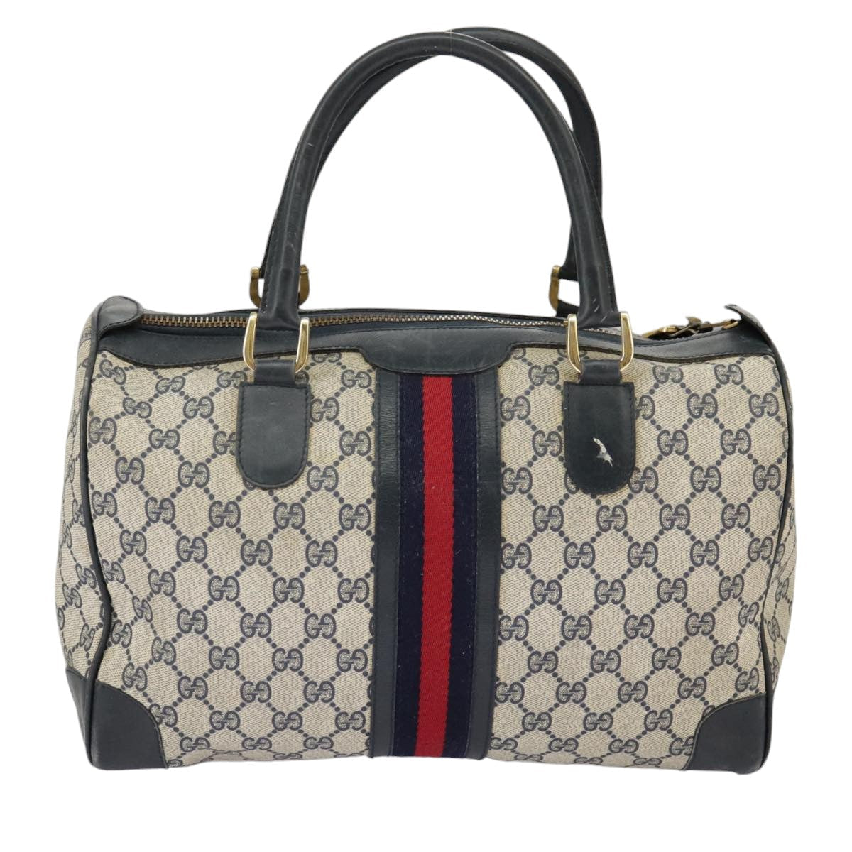 GUCCI GG Supreme Sherry Line Hand Bag PVC Navy Gold Red 98485
