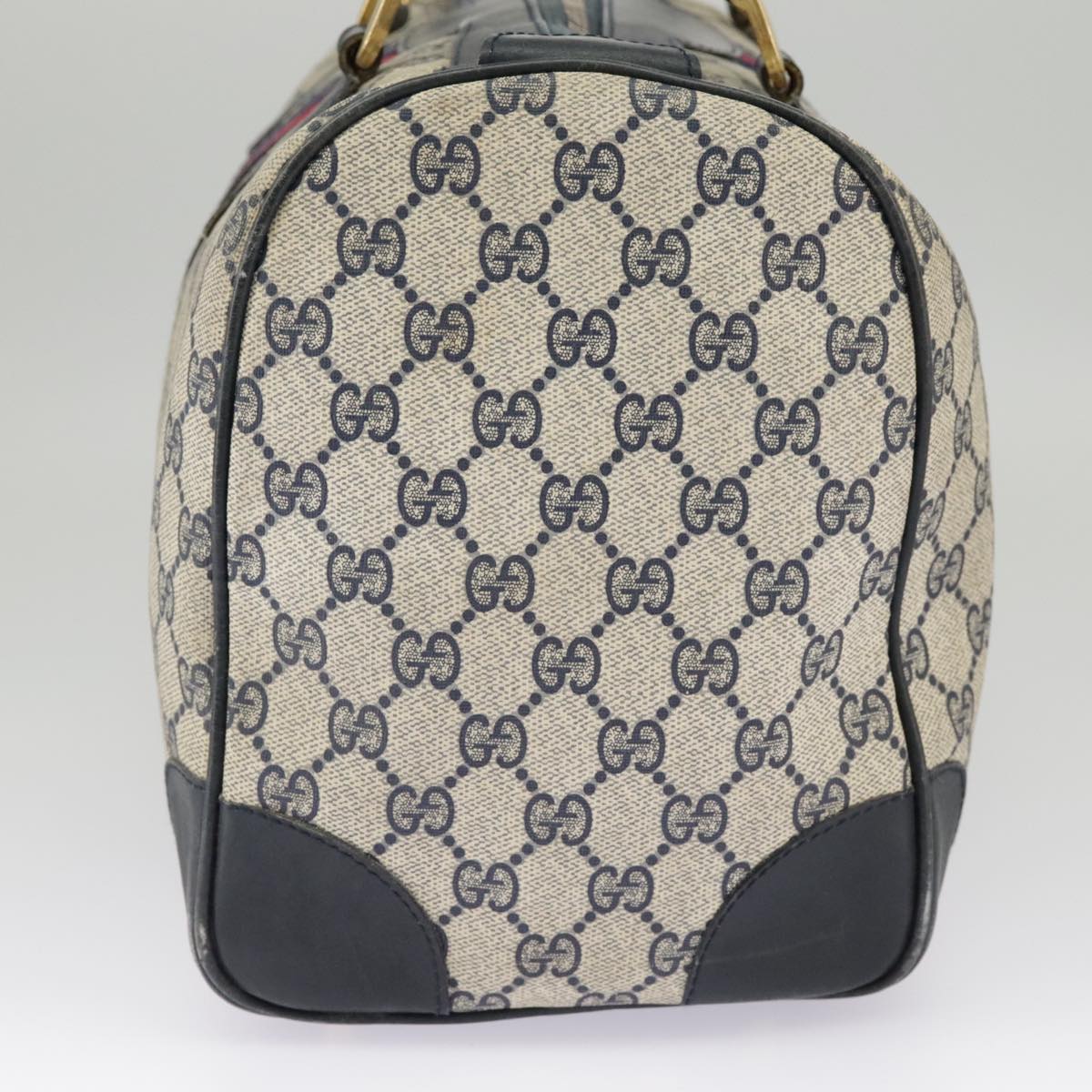 GUCCI GG Supreme Sherry Line Hand Bag PVC Navy Gold Red 98485