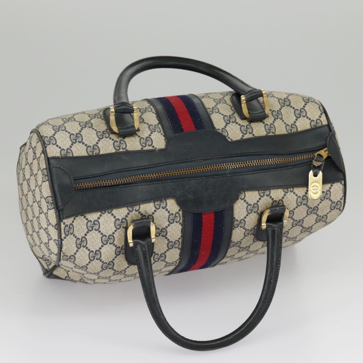 GUCCI GG Supreme Sherry Line Hand Bag PVC Navy Gold Red 98485