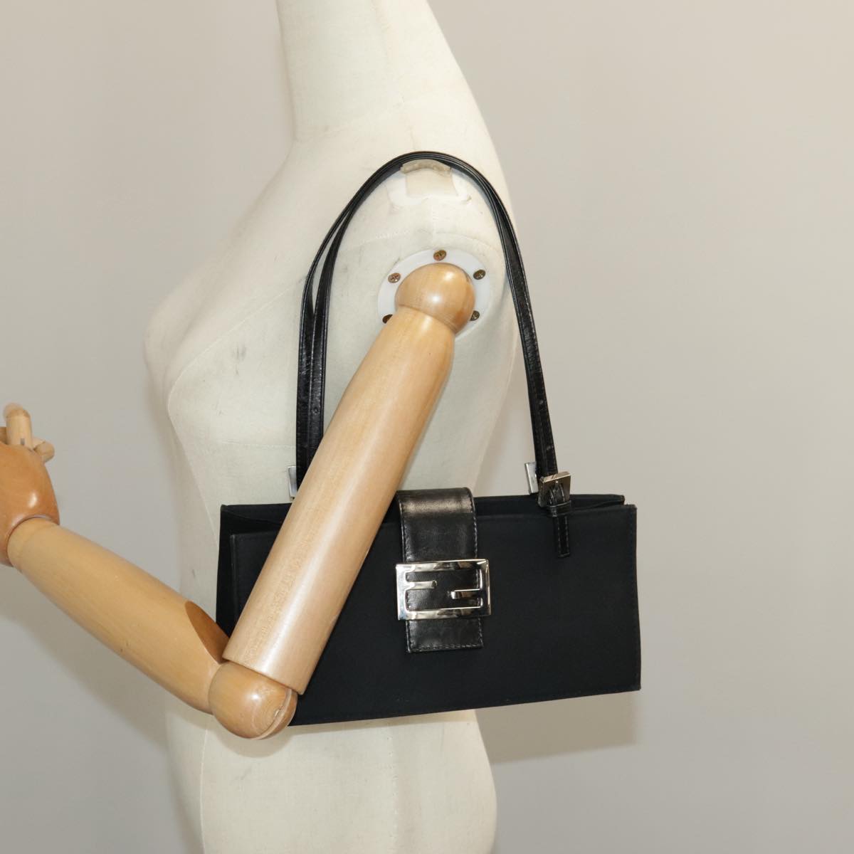 FENDI Mamma Baguette Shoulder Bag Nylon Black Silver 98843