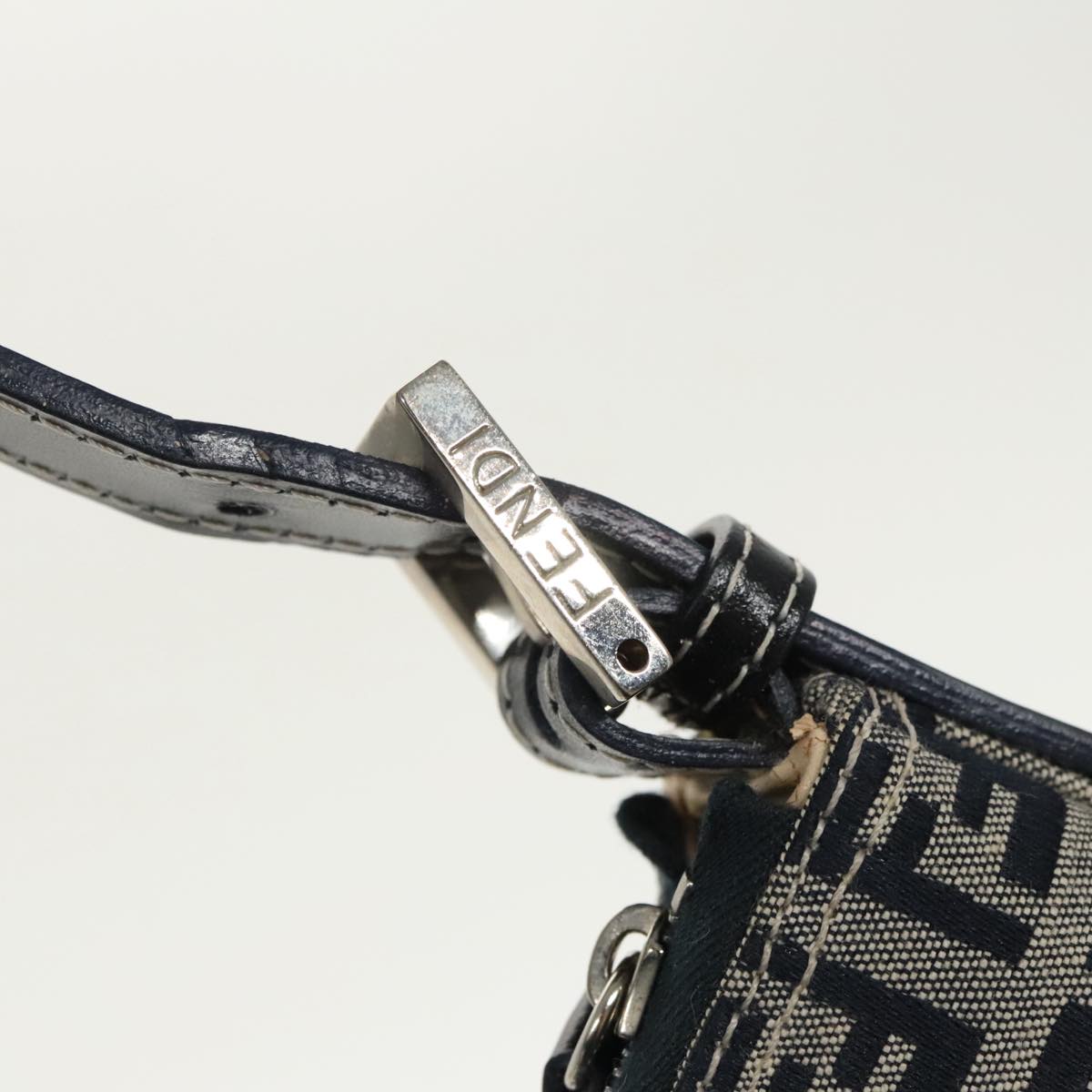 FENDI Zucchino Canvas Shoulder Bag Navy Silver 98857