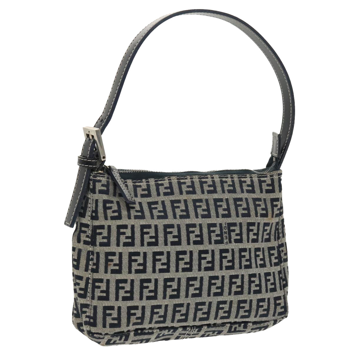 FENDI Zucchino Canvas Shoulder Bag Navy Silver 98857