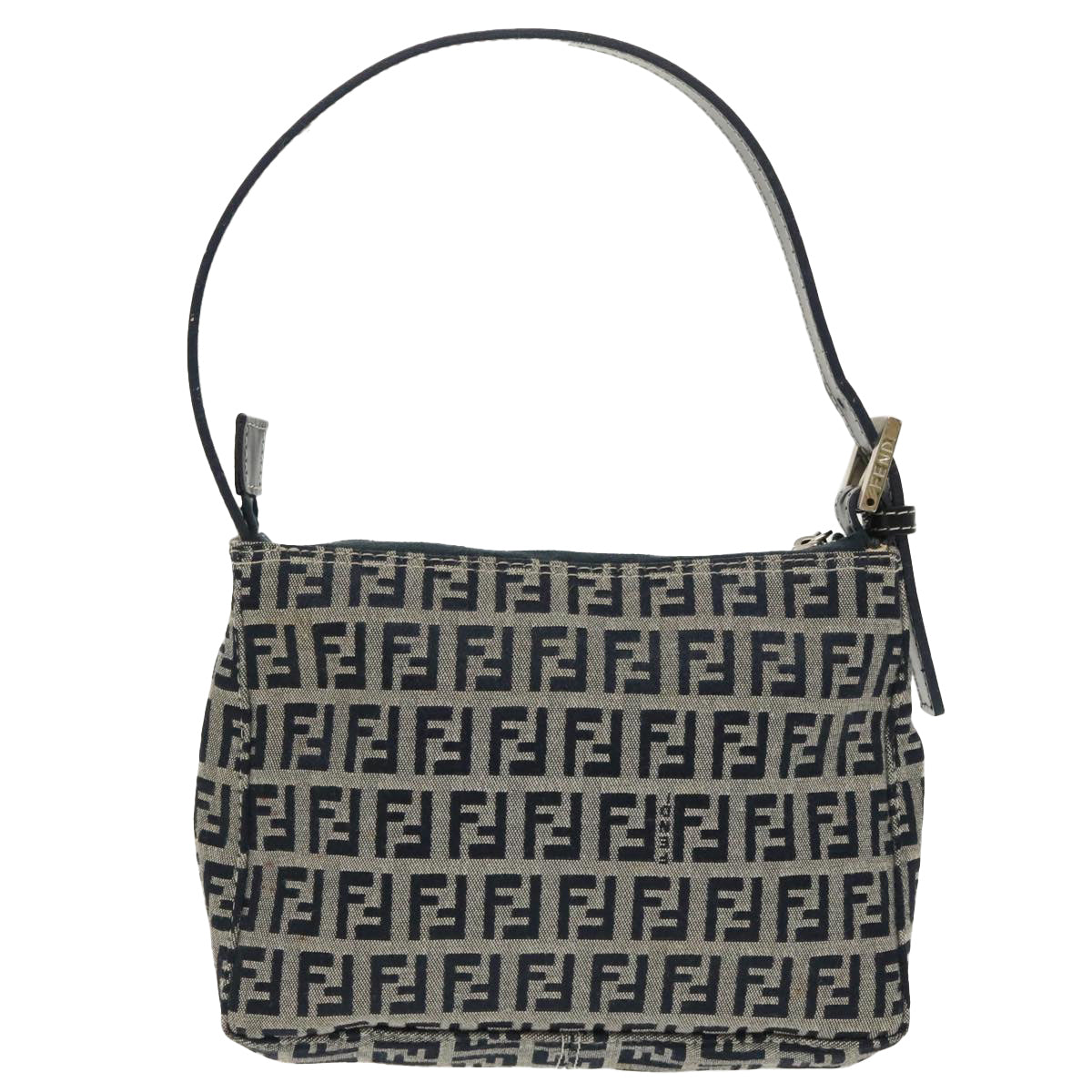 FENDI Zucchino Canvas Shoulder Bag Navy Silver 98857