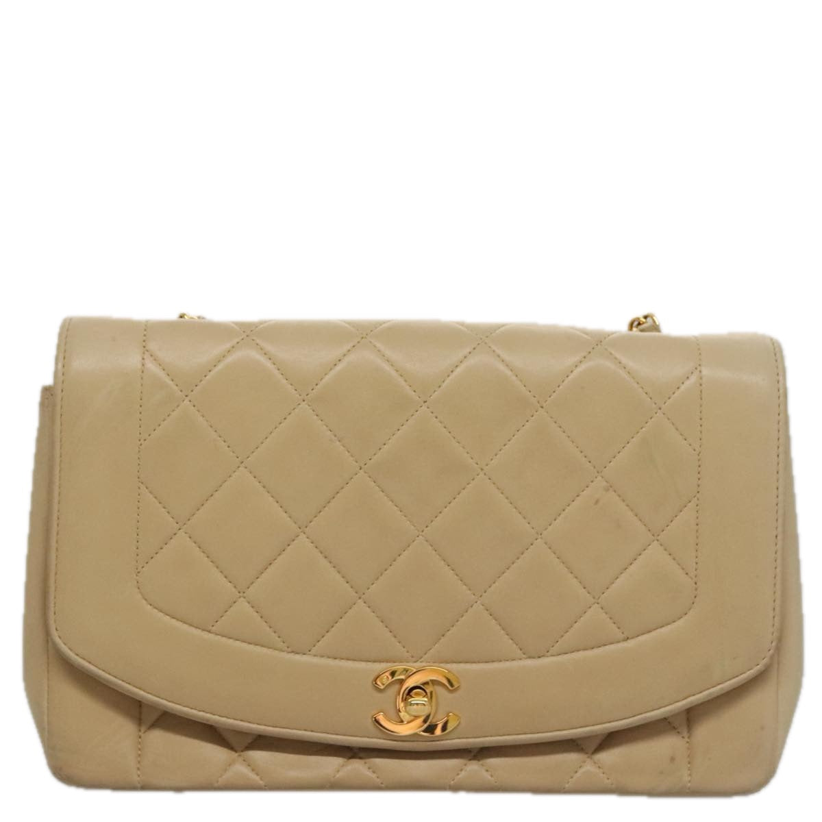 CHANEL Matelasse Chain Diana Shoulder Bag Lamb Skin Beige Gold CC 98933