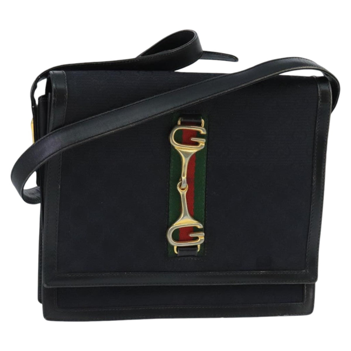 GUCCI GG Canvas Web Sherry Line Horsebit Shoulder Bag Black Red Green 98979