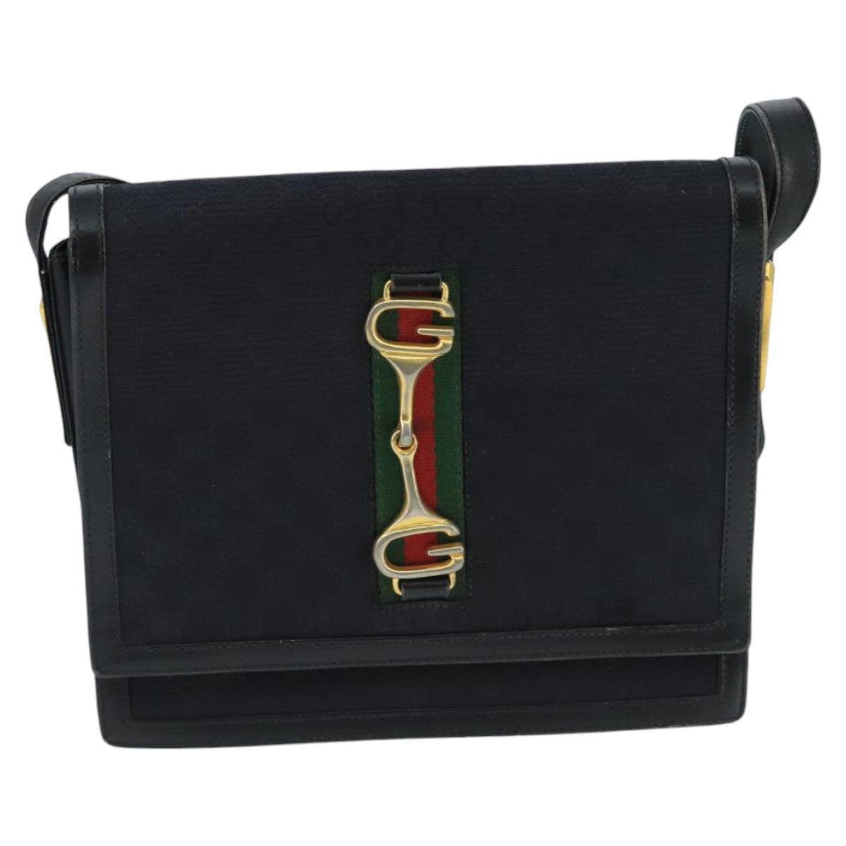 GUCCI GG Canvas Web Sherry Line Horsebit Shoulder Bag Black Red Green 98979