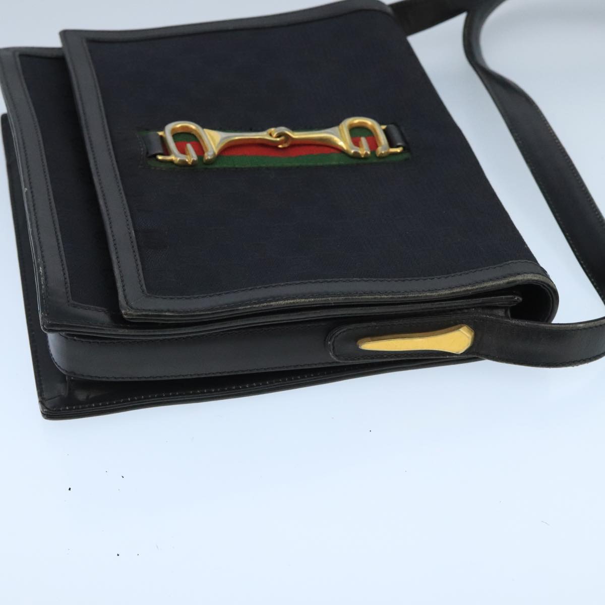 GUCCI GG Canvas Web Sherry Line Horsebit Shoulder Bag Black Red Green 98979