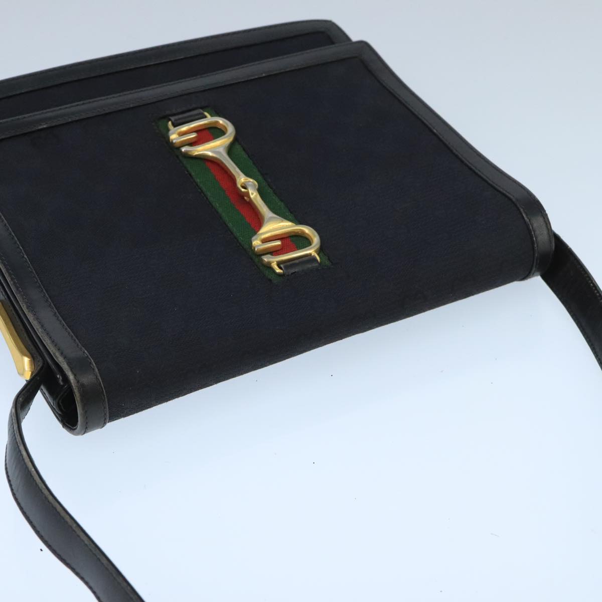 GUCCI GG Canvas Web Sherry Line Horsebit Shoulder Bag Black Red Green 98979