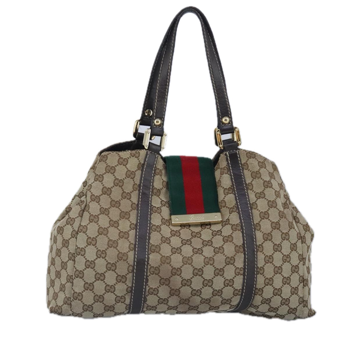 GUCCI GG Canvas Hand Bag Web Sherry Line Beige Gold 211935 99143