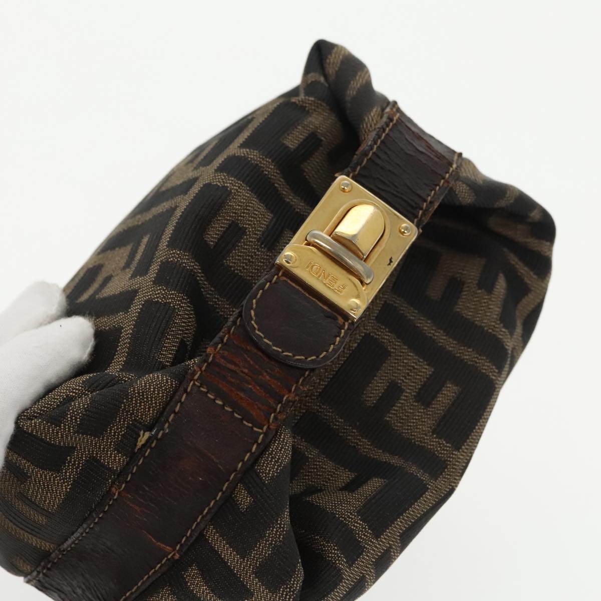 FENDI Zucca Canvas Vanity Pouch Brown Black gold 99147