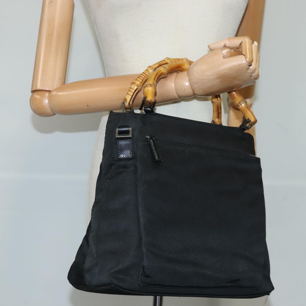 GUCCI Bamboo Hand Bag Nylon 2way Black Silver 99165