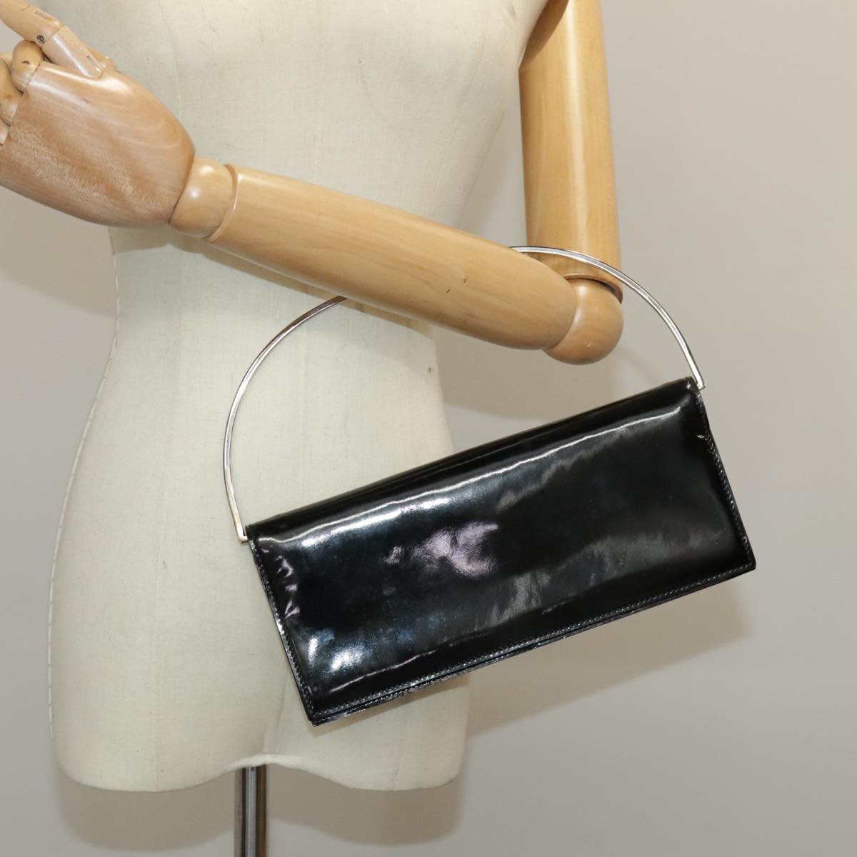 GUCCI Hand Bag Enamel Black Silver 99304