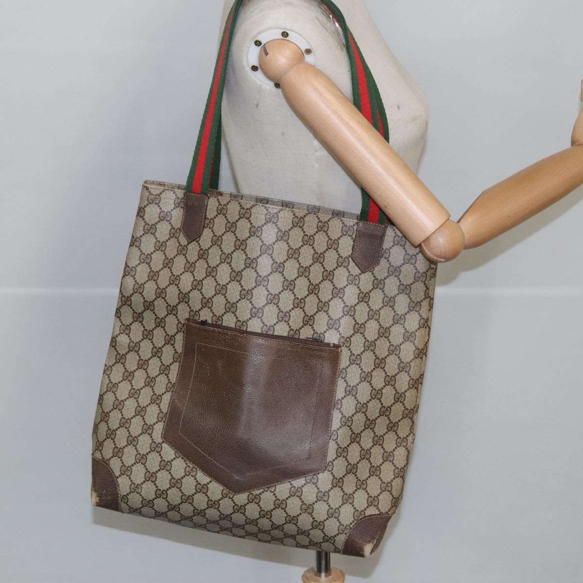 GUCCI GG Supreme Web Sherry Line Tote Bag PVC Beige Red Green 99410