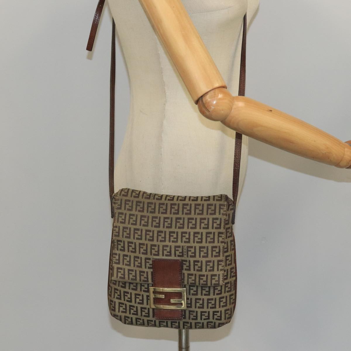 FENDI Zucchino Canvas Mamma Baguette Shoulder Bag Beige Gold 99429