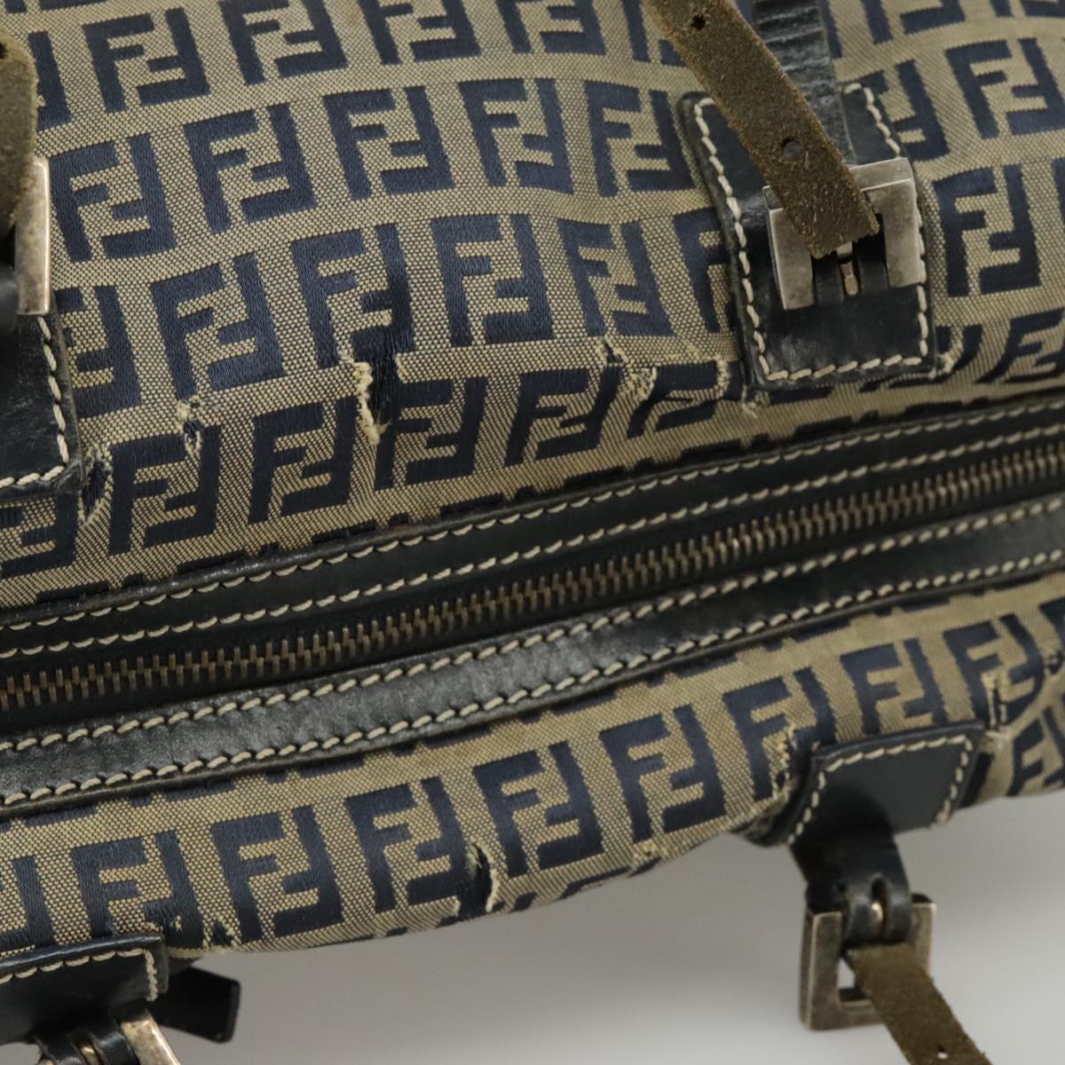 FENDI Zucchino Canvas Hand Bag Navy Silver 99666