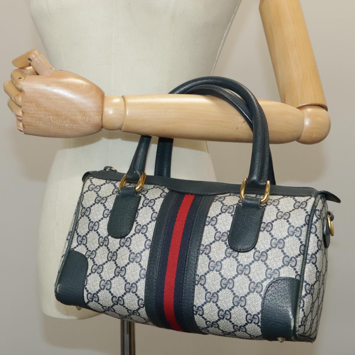 GUCCI GG Supreme Sherry Line Hand Bag PVC Navy Gold Red 002 39 0069 99687